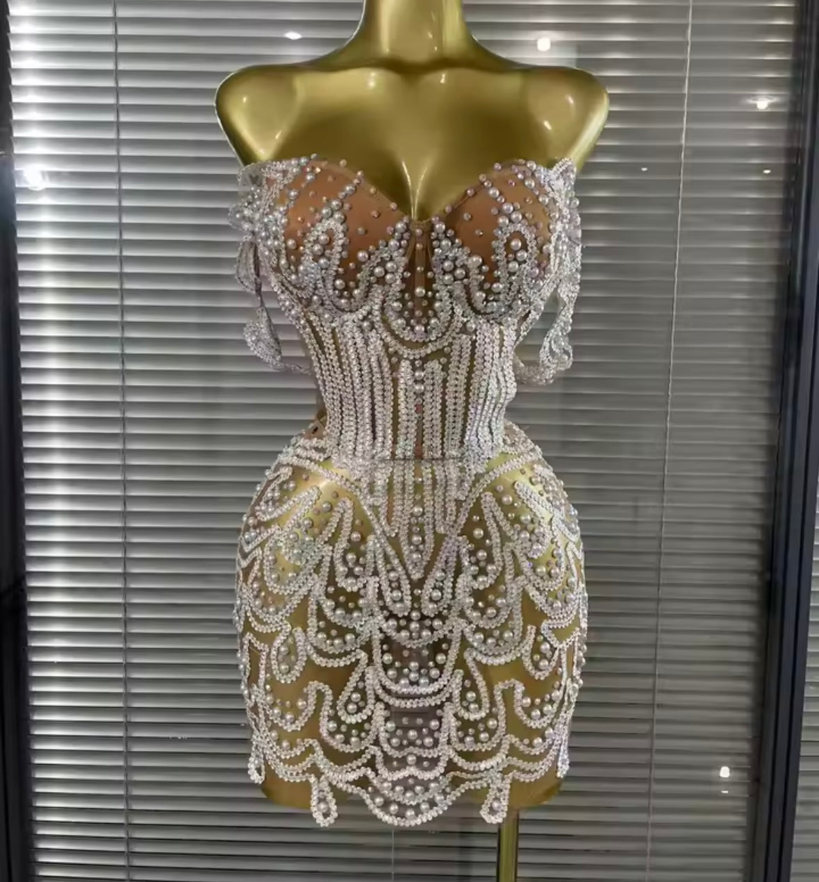 Sexy Strapless Beaded Rhinestone See Through Dress