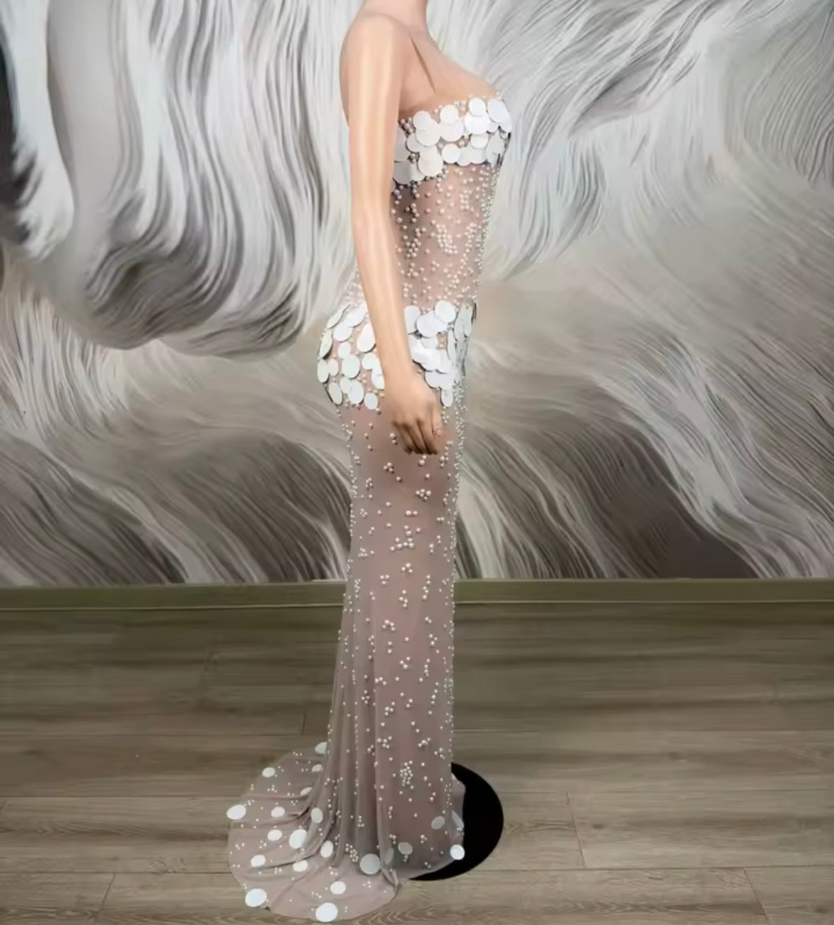 Sexy Sleeveless Sequins Pearl See Through Floor-Length Dress