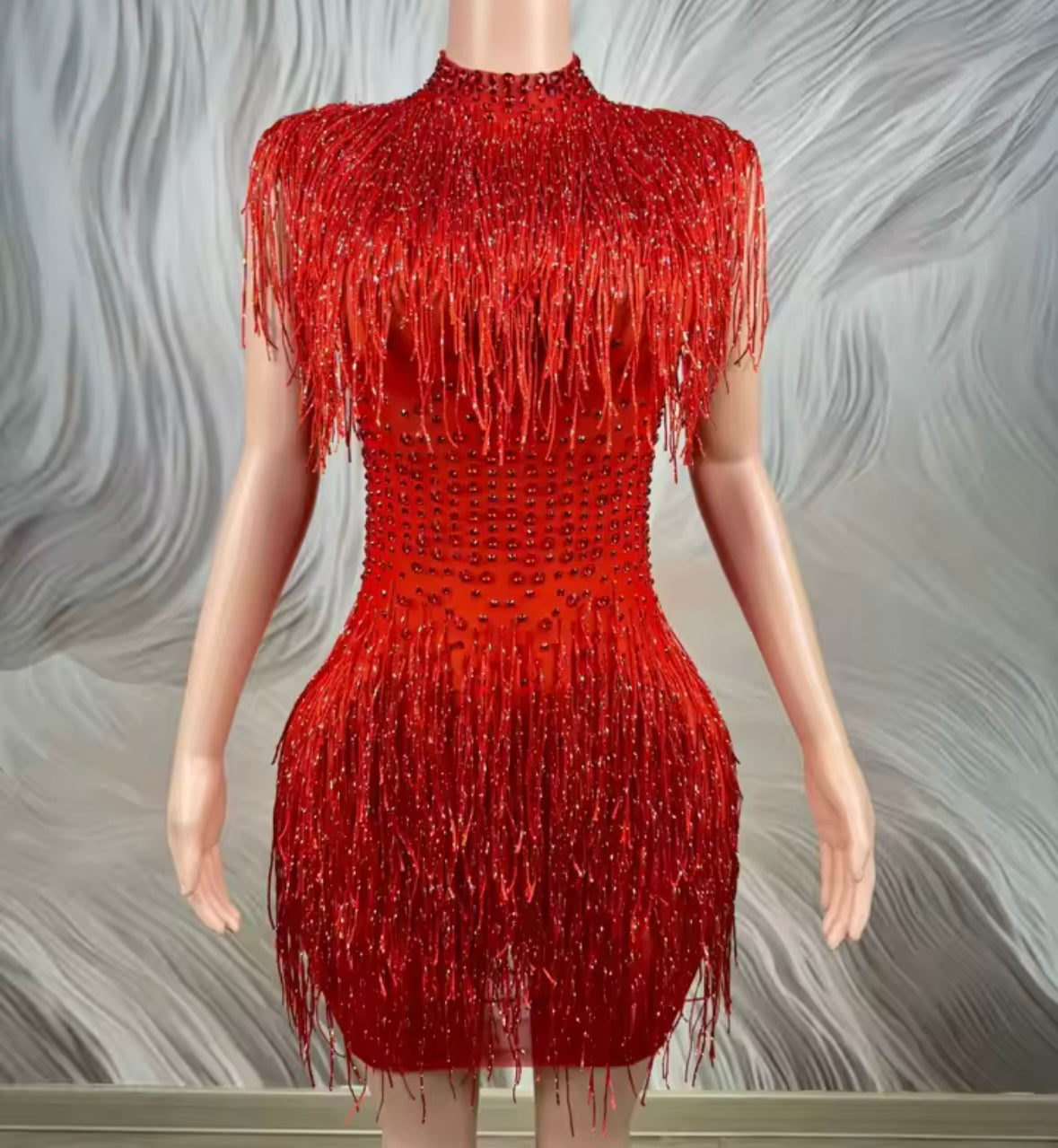 Red Sexy Rhinestone Tassel Dress