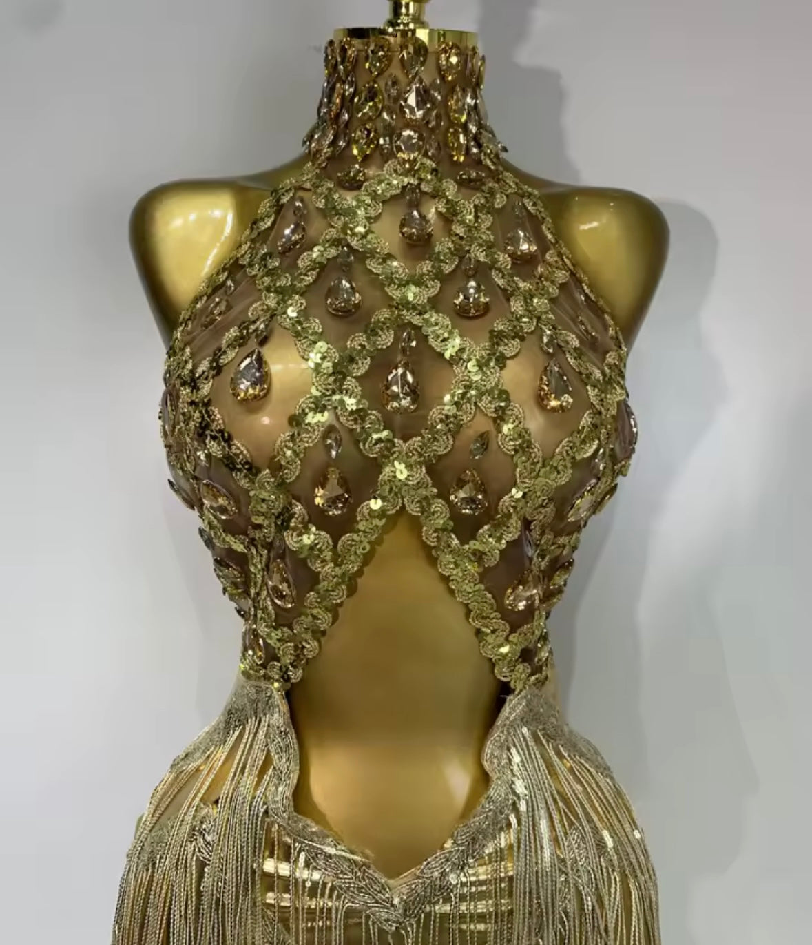 Sexy Gold Halter Open Back Crystal Tassel Dress