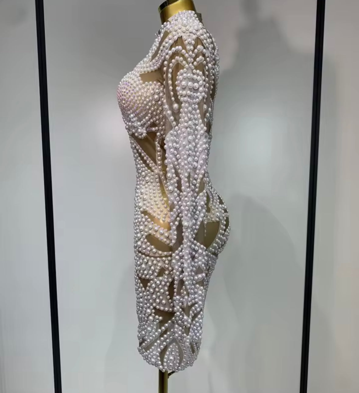 Sexy Pearl Embellishment Full Sleeve Short Dress