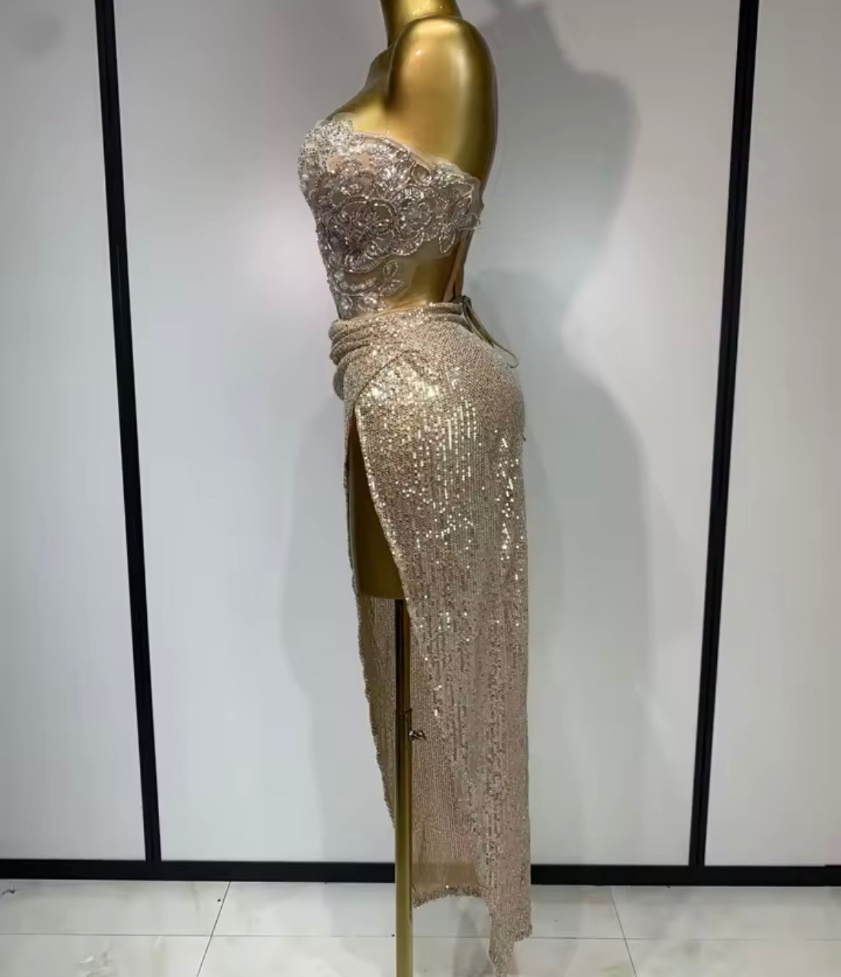 Gold Beaded Strapless Corset Sequins Skirt Set