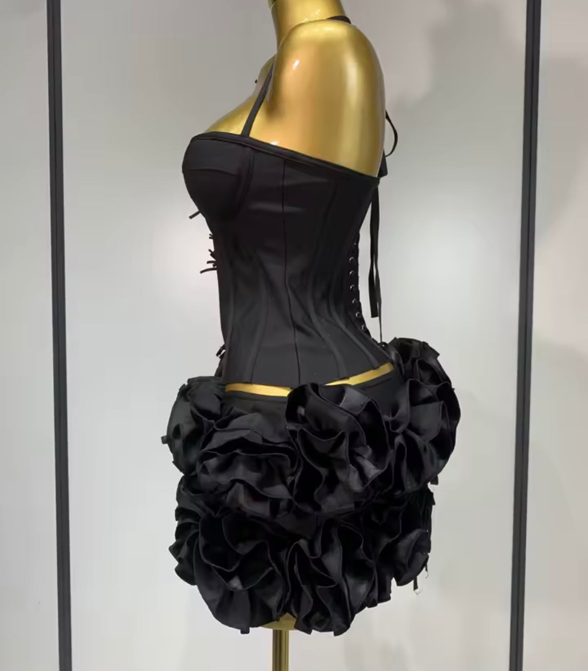 Sexy Halter Sleeveless Corset Top Two Piece Ruffled Skirt Set