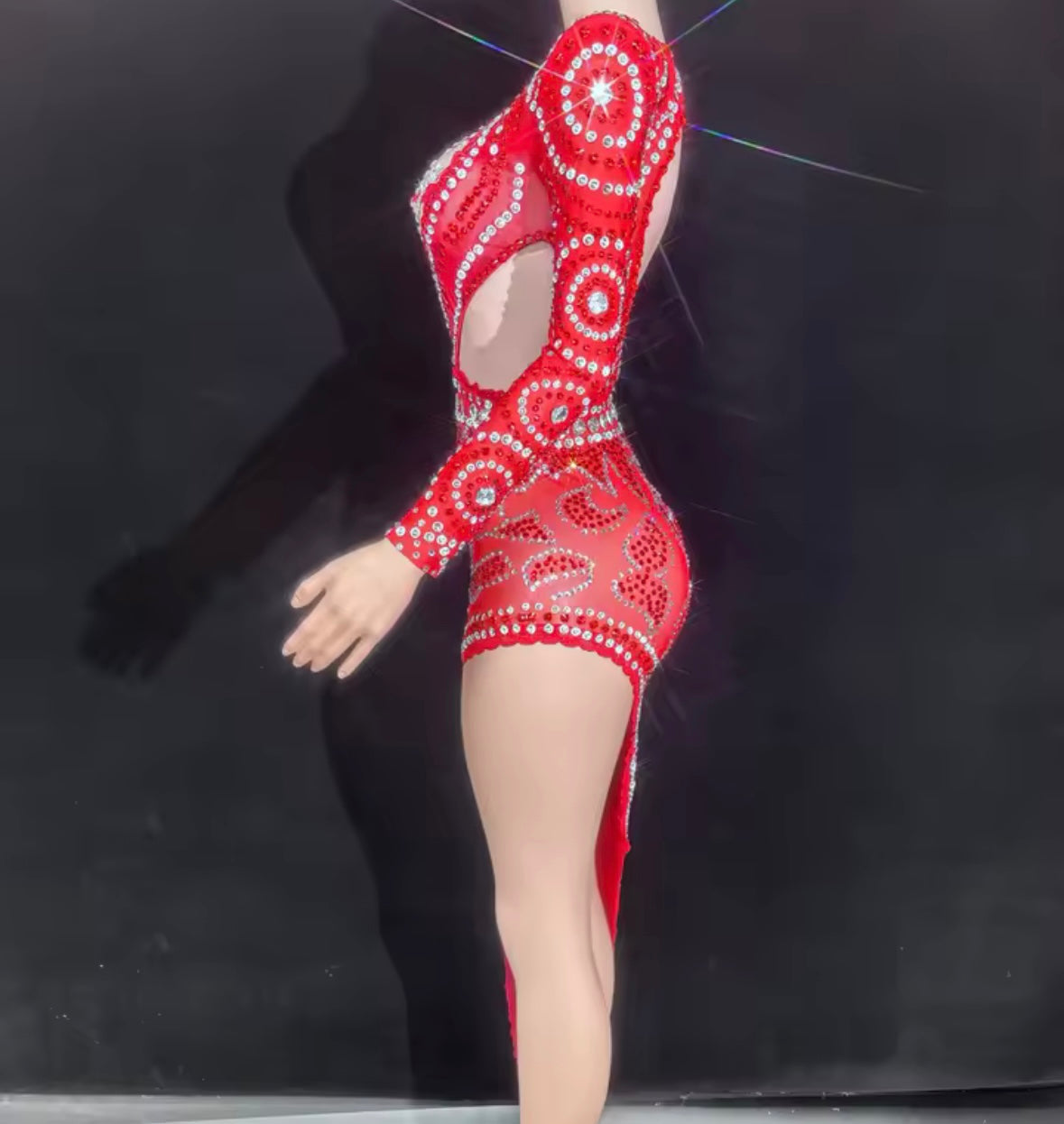 Sexy Red Rhinestone Hollow Out Full Sleeve Asymmetrical Dress