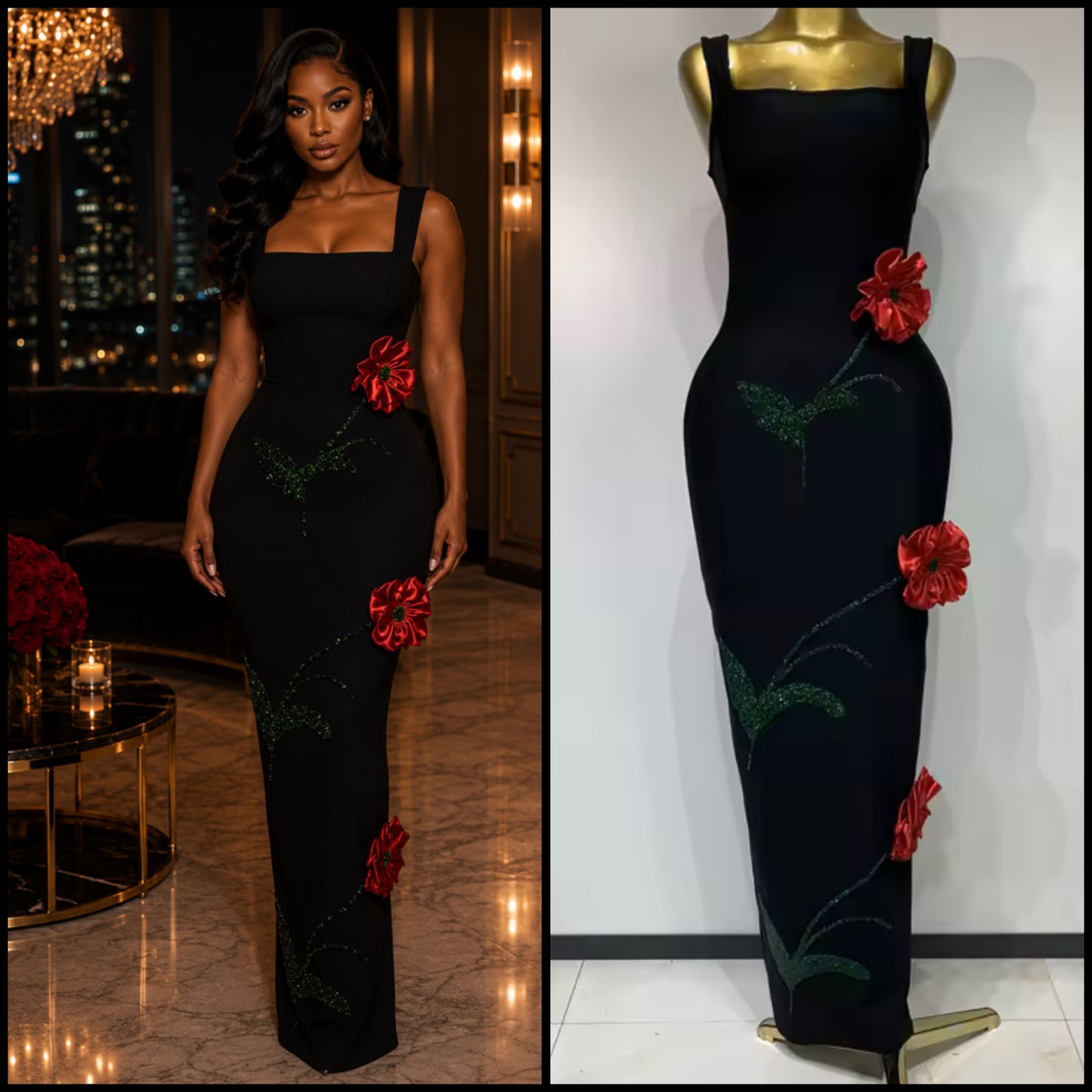 Black Sexy Sleeveless 3D Floral Rhinestone Maxi Dress