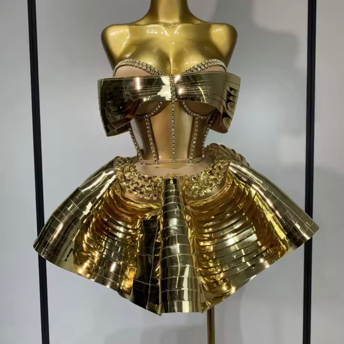 Sexy Bow Strapless Metallic Mesh Rhinestone Two Piece Skirt Set