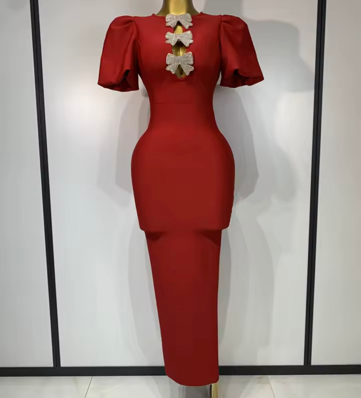 Elegant Red Rhinestone Bow Short Sleeve Maxi Dress