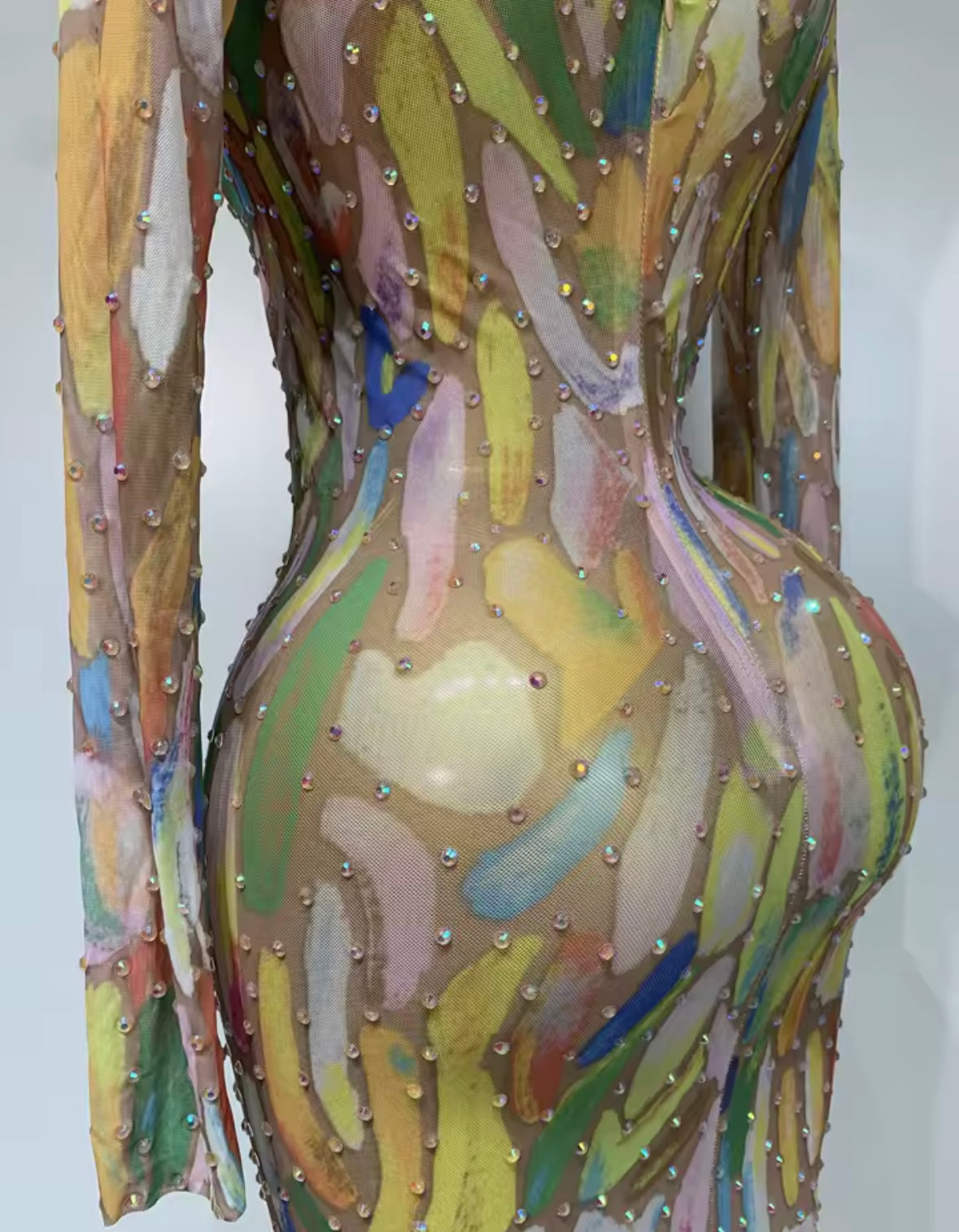Multicolored Rhinestone Full Sleeve Floor-Length Dress