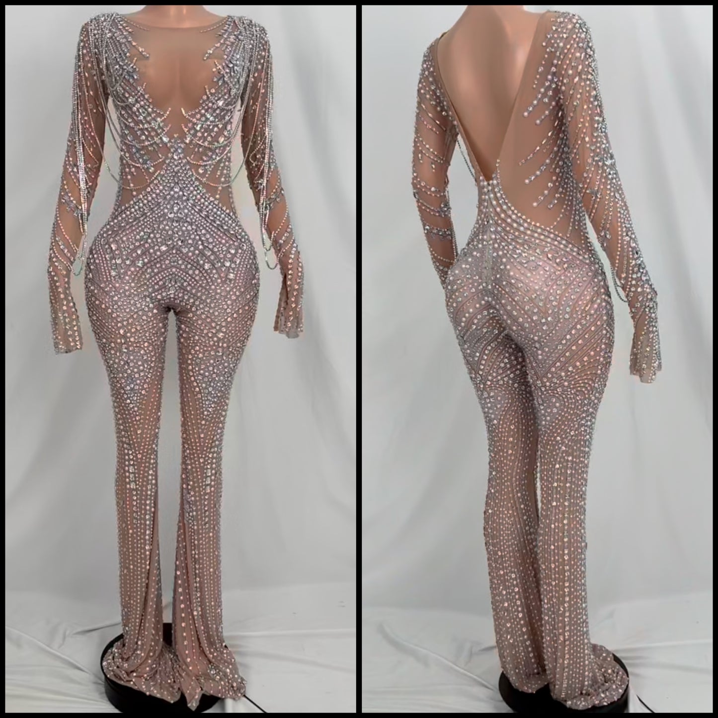 Sexy Rhinestone Chain Full Sleeve See Through Jumpsuit