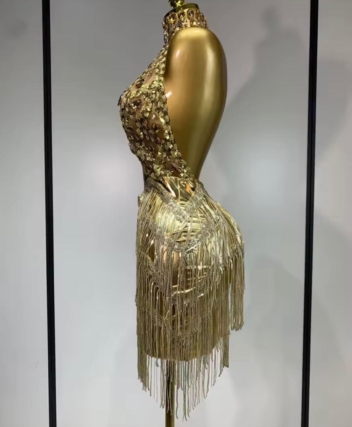 Sexy Gold Halter Open Back Crystal Tassel Dress