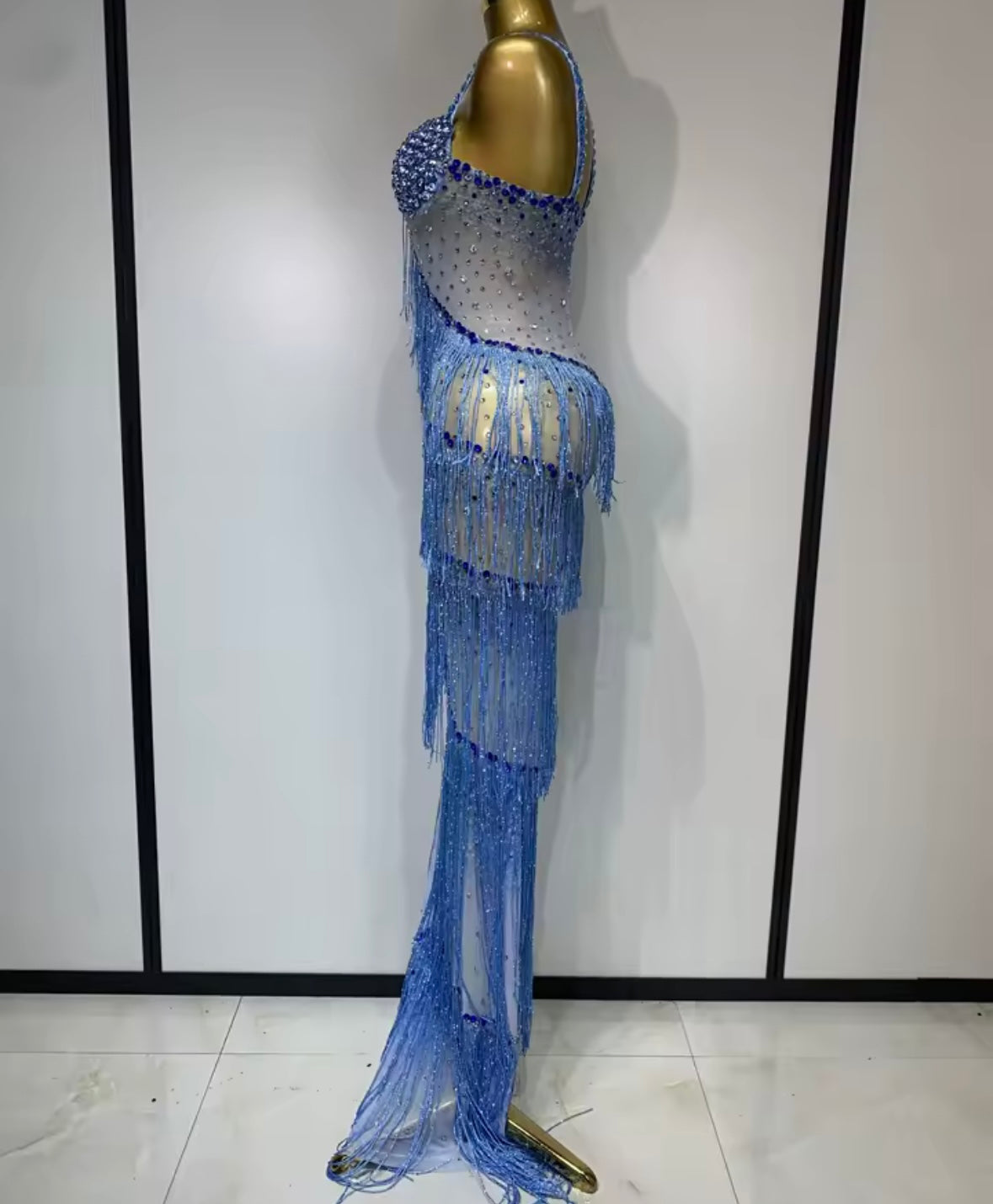Sexy Blue Rhinestone Fringe Tassel Floor-Length Dress