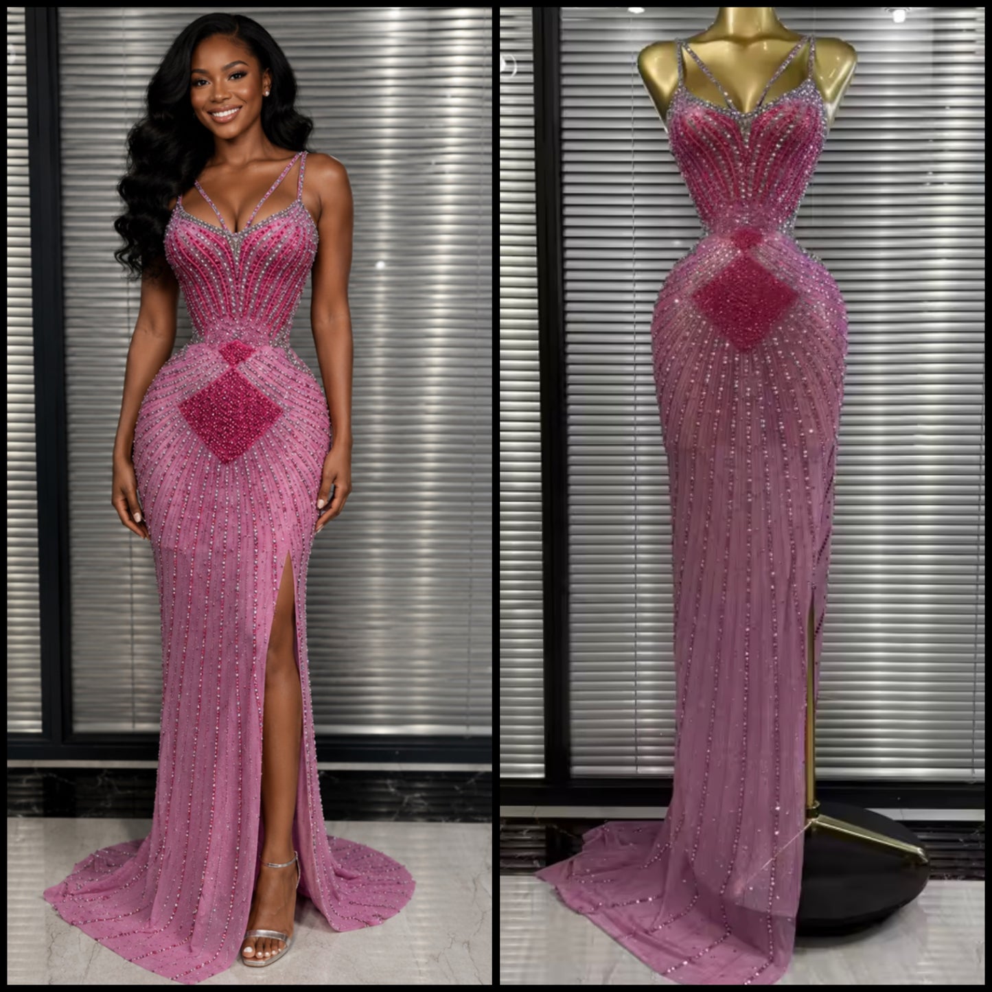 Pink Sexy Sleeveless Rhinestone Side Split Maxi Dress