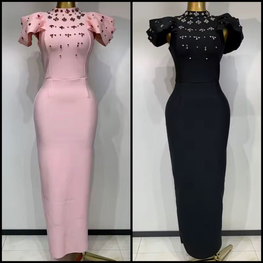 Elegant Floral Crystal Short Sleeve Floor-Length Dress
