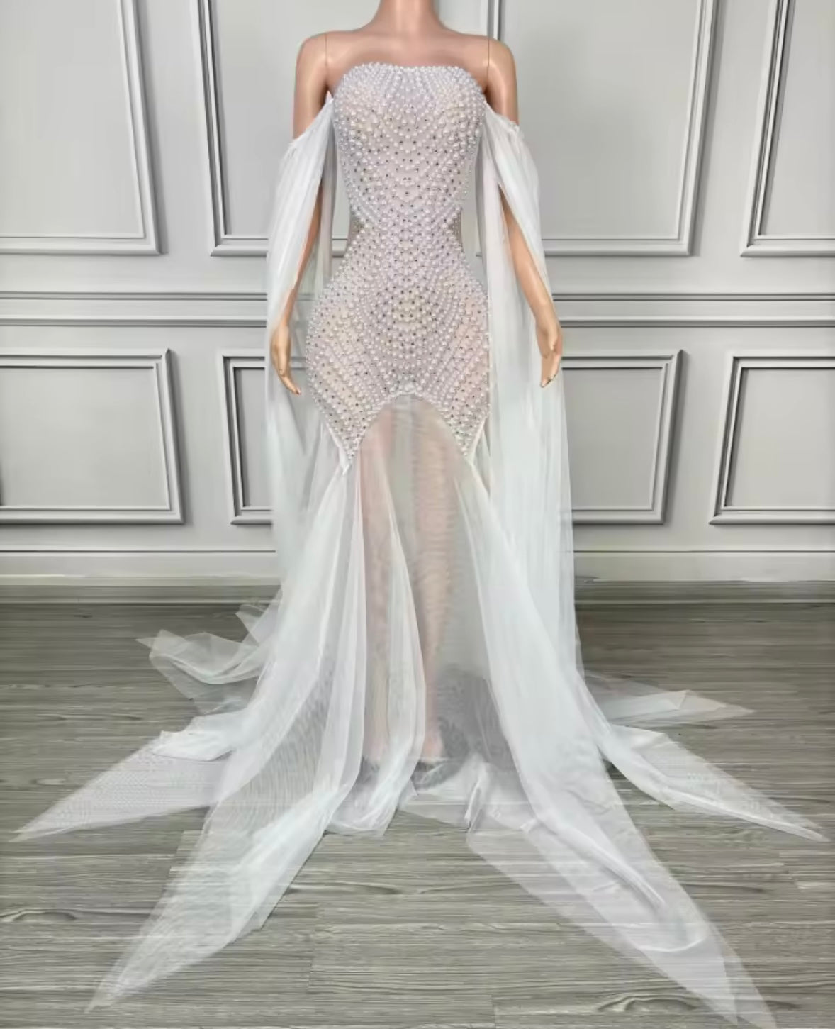 Sexy Strapless Beaded See Through Floor-Length Dress