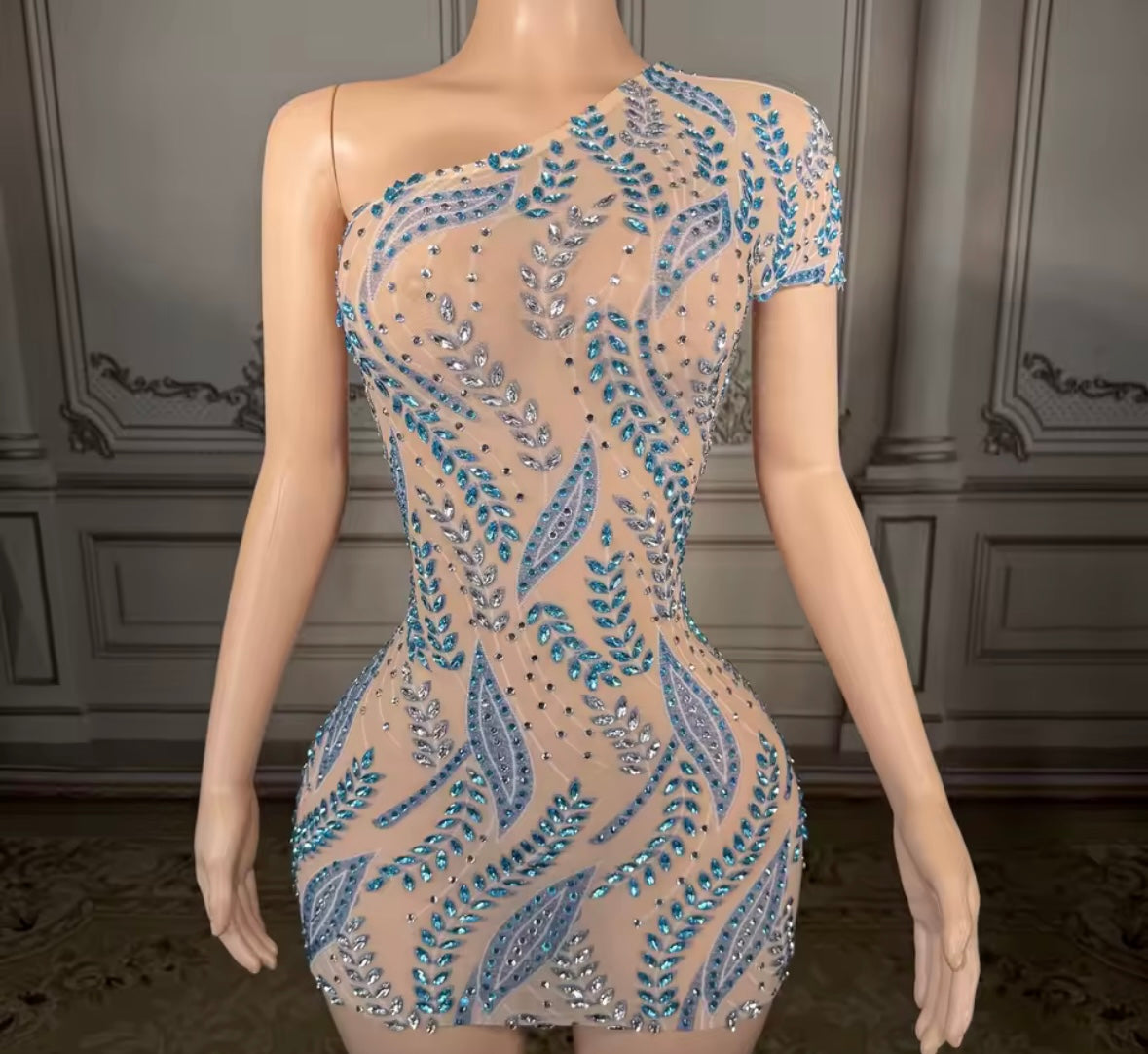 Sexy One Shoulder Rhinestone Embellishment See Through Dress