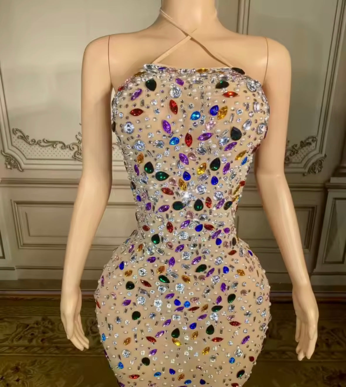 Sexy Halter Sleeveless Open Back Multicolored Rhinestone Dress