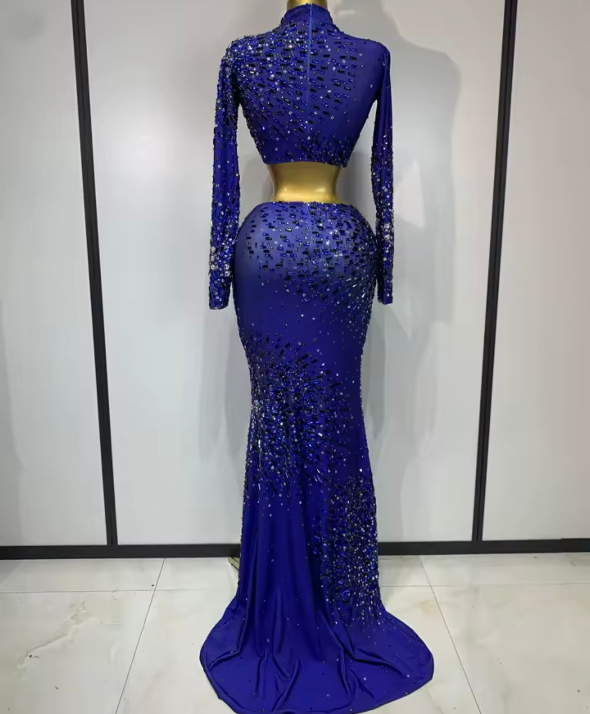 Blue Elegant Rhinestone Full Sleeve Crop Maxi Skirt Set