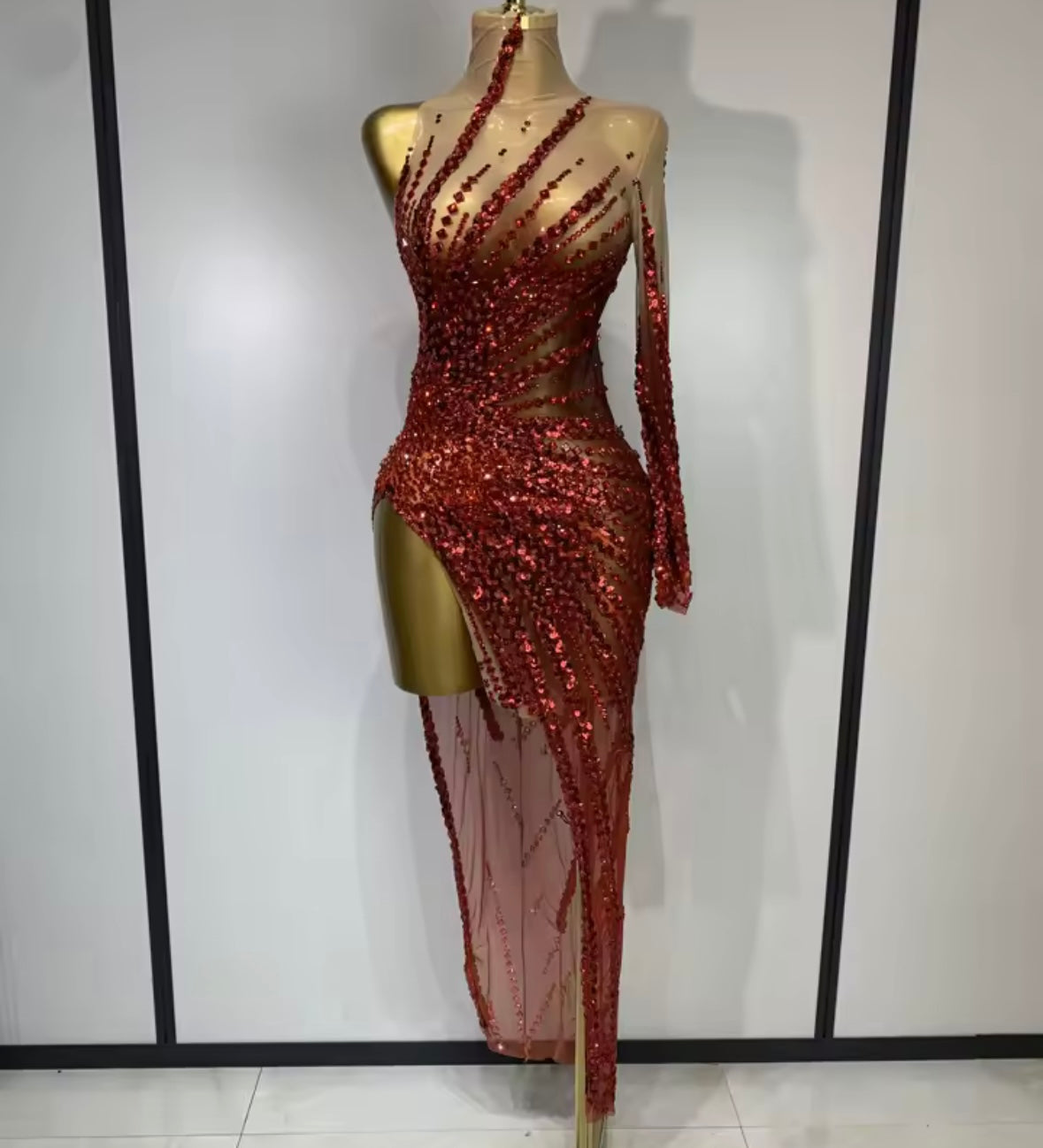 Sexy Sequins One Shoulder Full Sleeve Asymmetrical Dress