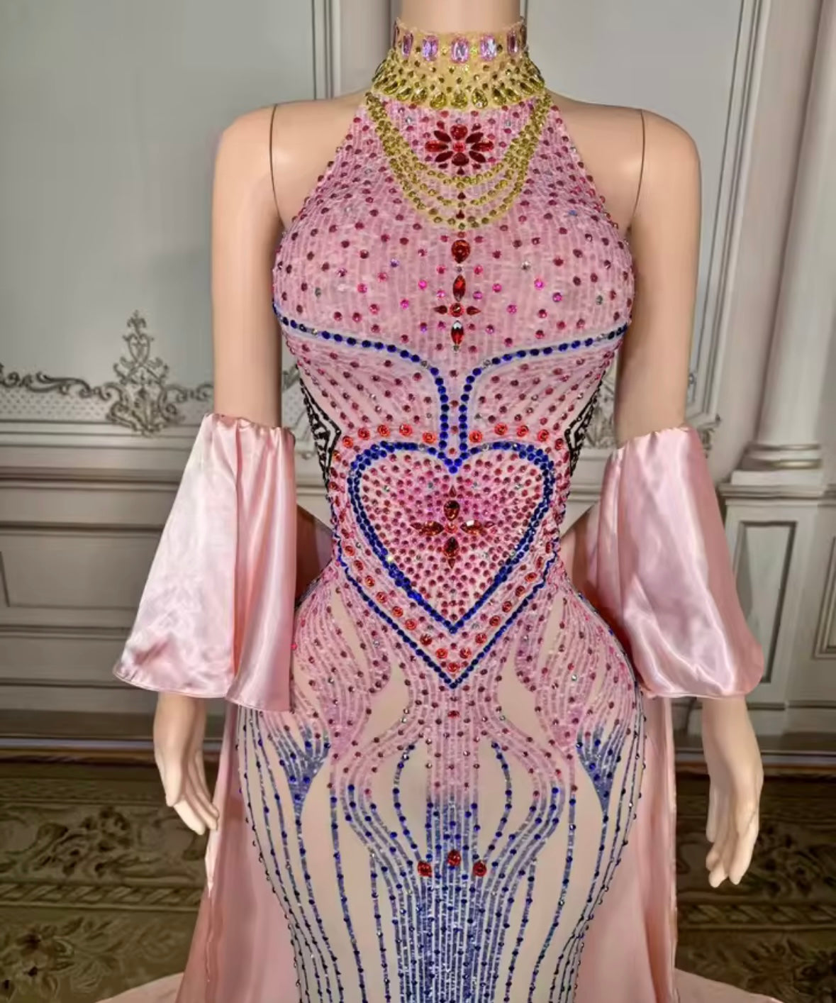 Sexy Halter Sleeveless Color Rhinestone Glove Mermaid Dress