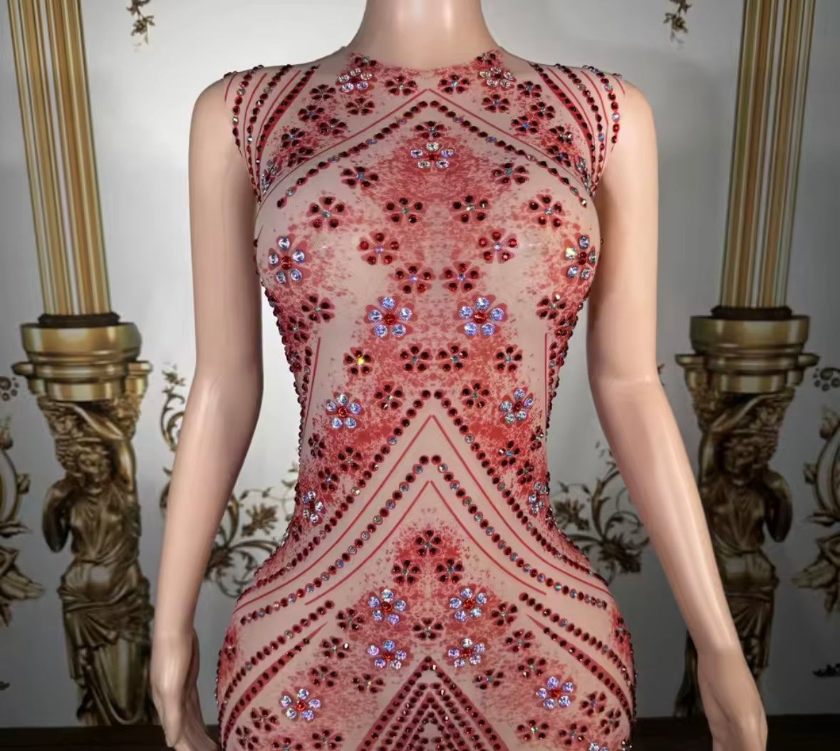 Sexy Sleeveless Floral Rhinestone Embellishment Maxi Dress