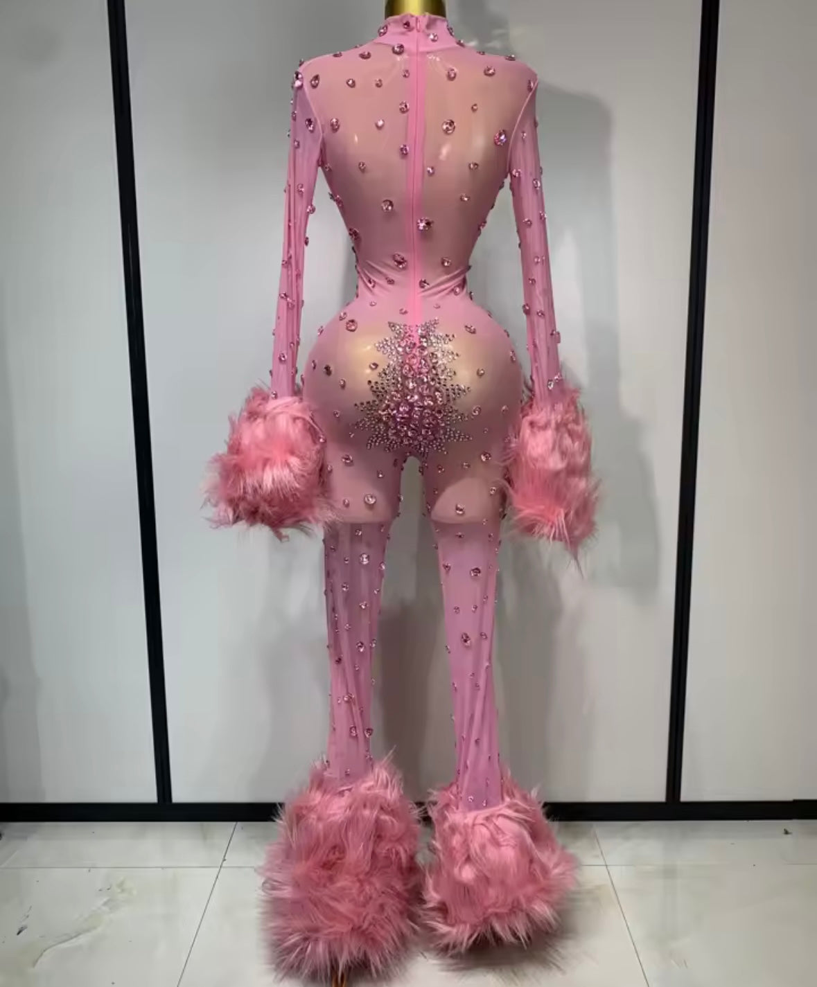 Rhinestone Feather Full Sleeve Sexy Mesh Jumpsuit