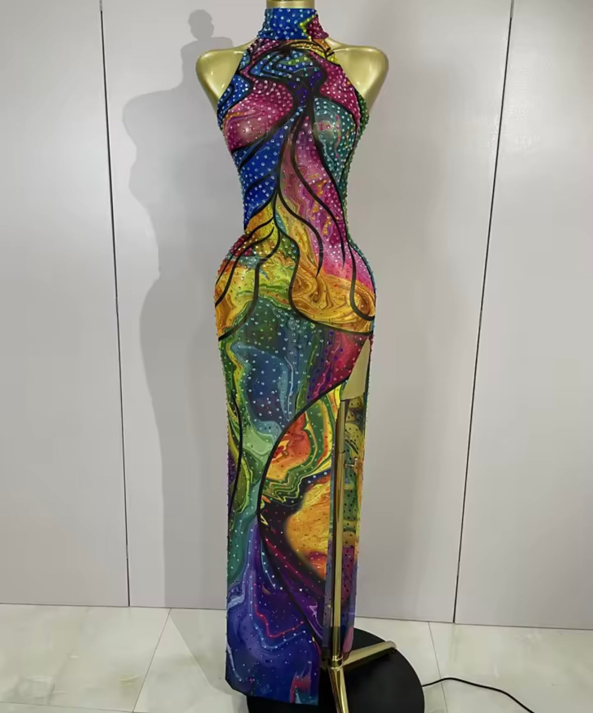 Sleeveless Multicolored Sexy Rhinestone Side Split Maxi Dress
