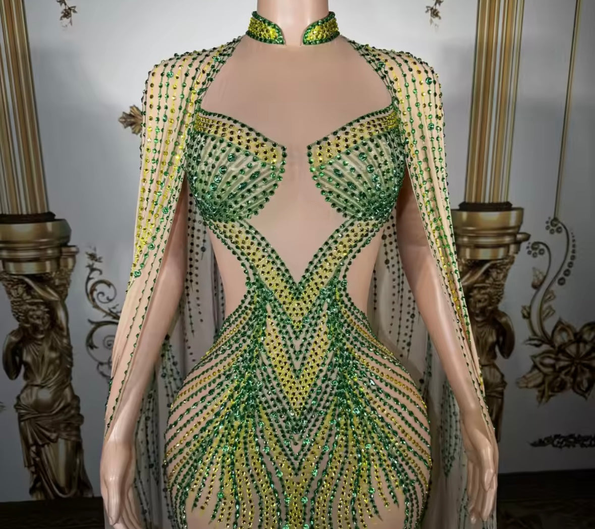 Sexy See Through Rhinestone Flare Sleeve Mermaid Dress