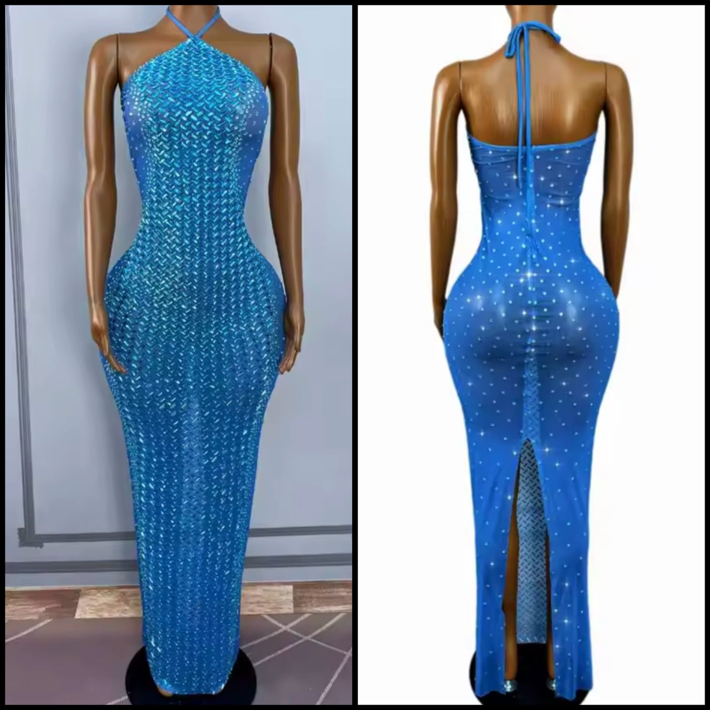 Sexy Blue Halter Sleeveless Rhinestone Maxi Dress