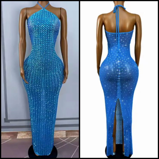 Sexy Blue Halter Sleeveless Rhinestone Maxi Dress