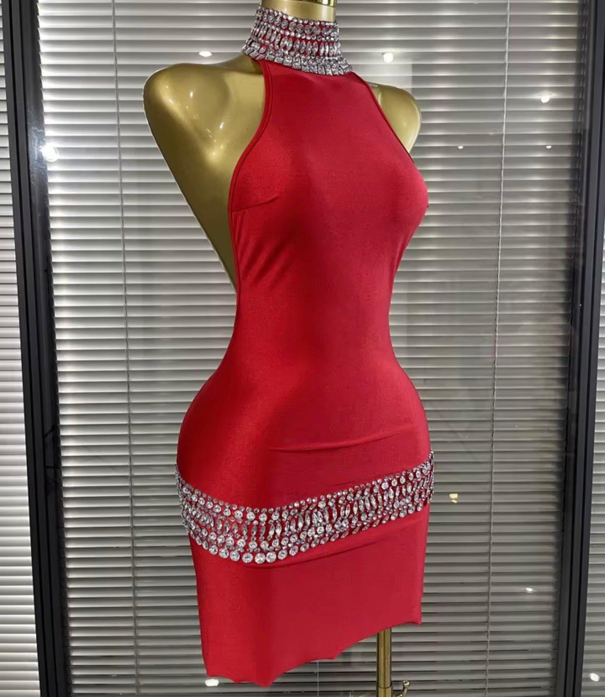 Sexy Halter Open Back Sleeveless Rhinestone Patchwork Dress