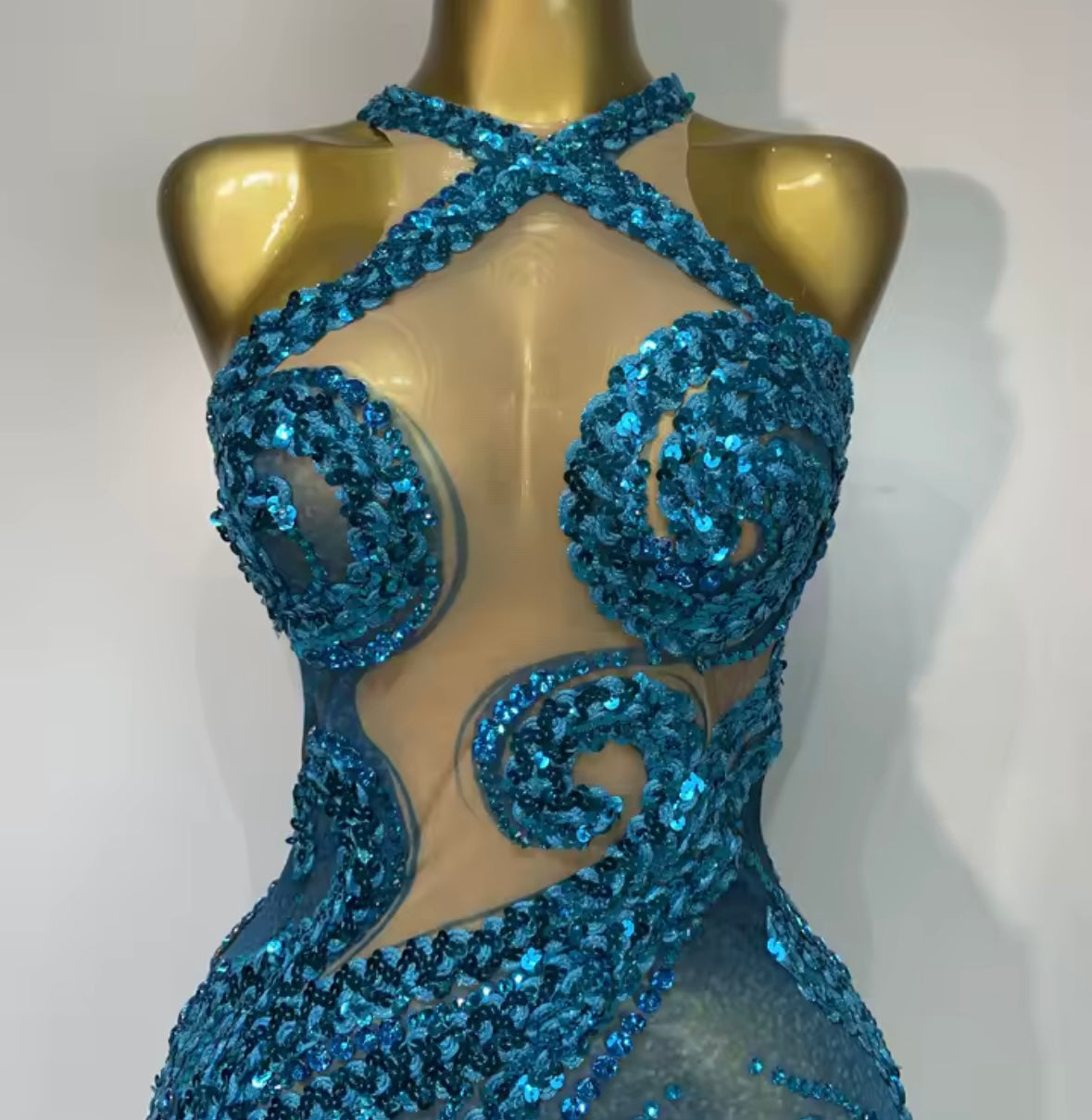 Sleeveless Blue Rhinestone Sequins Mesh Maxi Dress