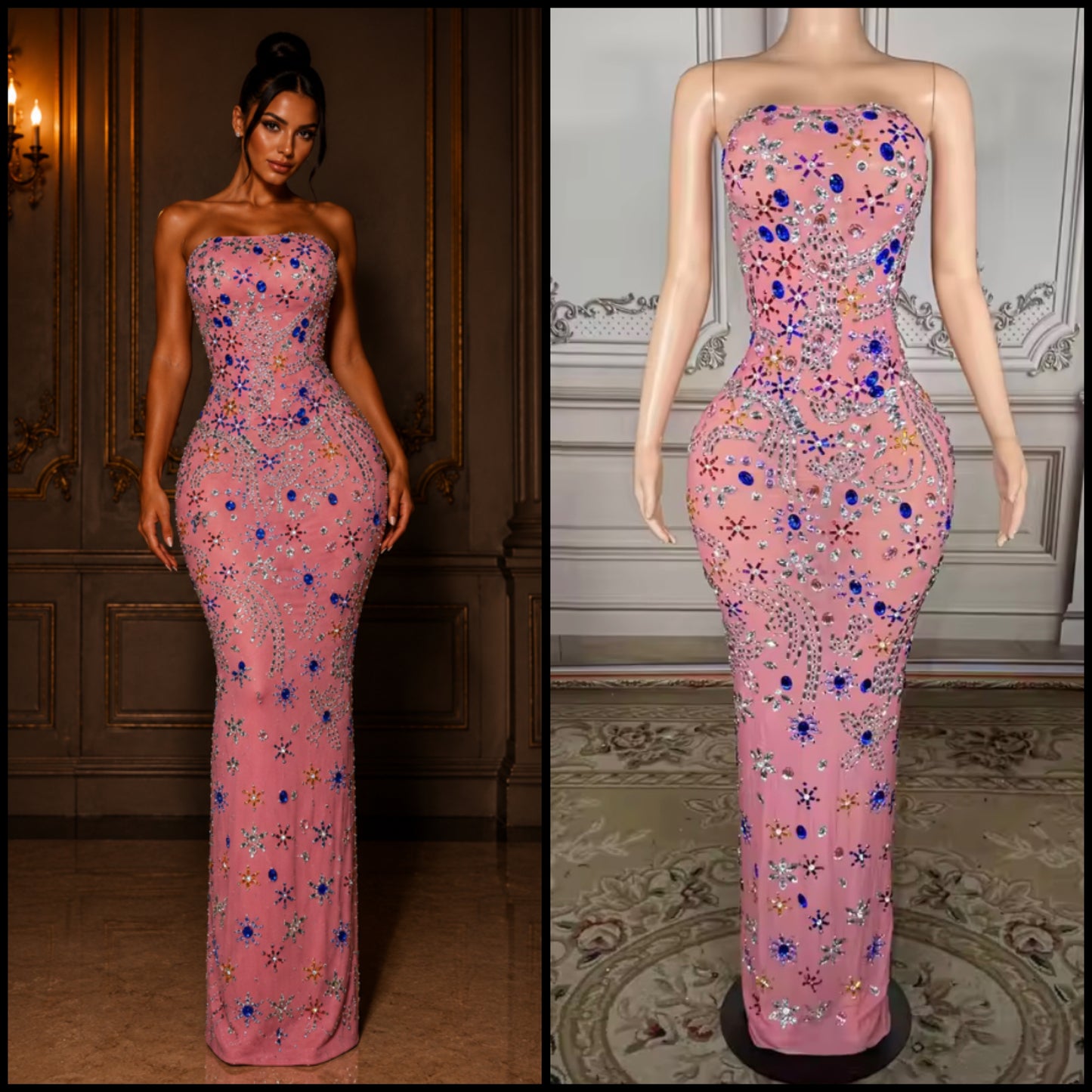 Pink Sexy Strapless Crystal Rhinestone Maxi Dress