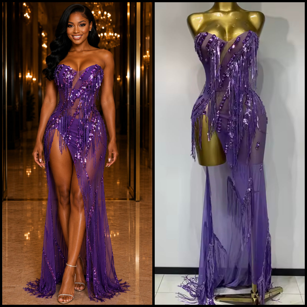 Purple Sexy Strapless Rhinestone Fringe Tassel Side Split Maxi Dress