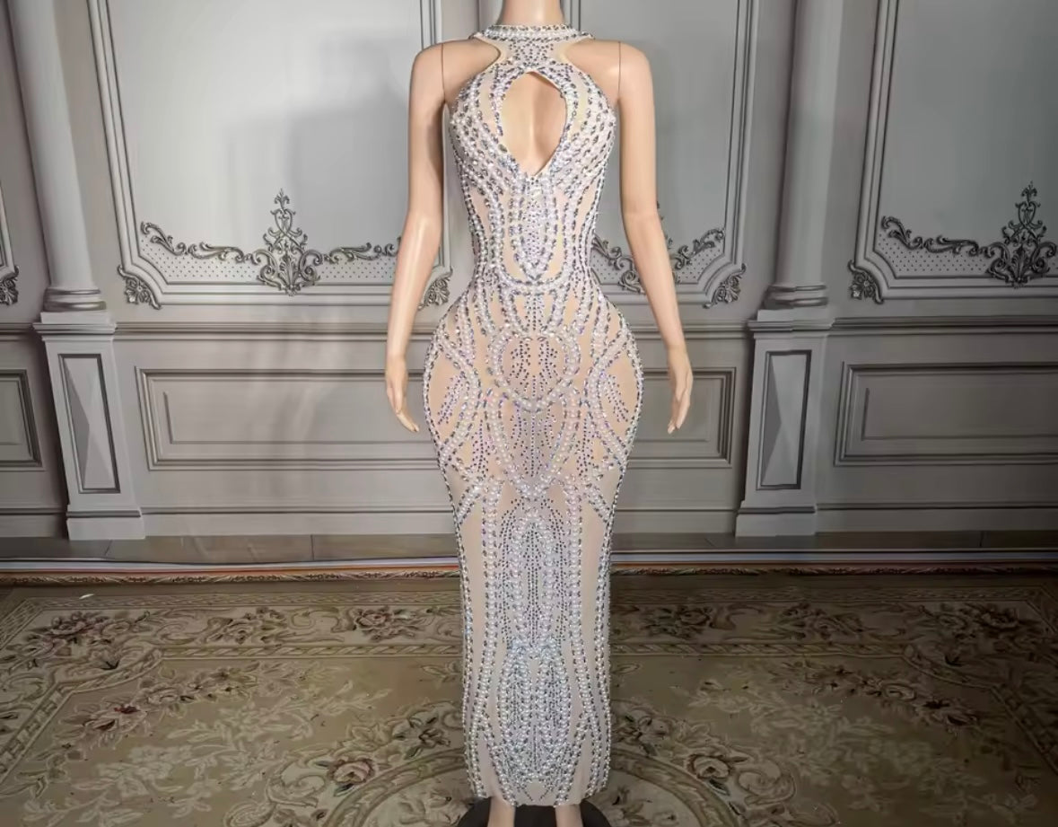 Sexy Sleeveless Pearl Rhinestone See Through Maxi Dress