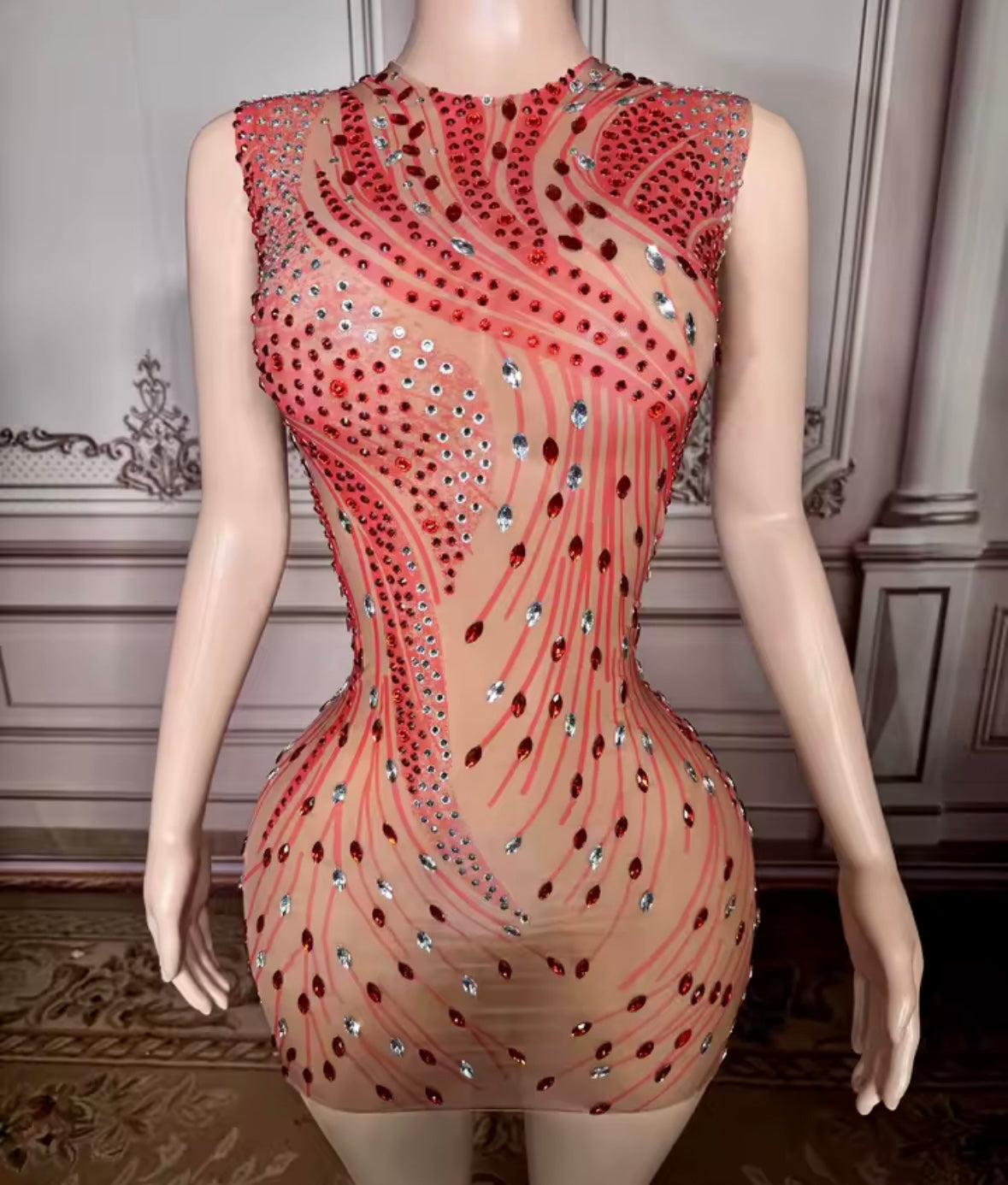 Red Sexy Sleeveless See Through Rhinestone Embellishment Dress