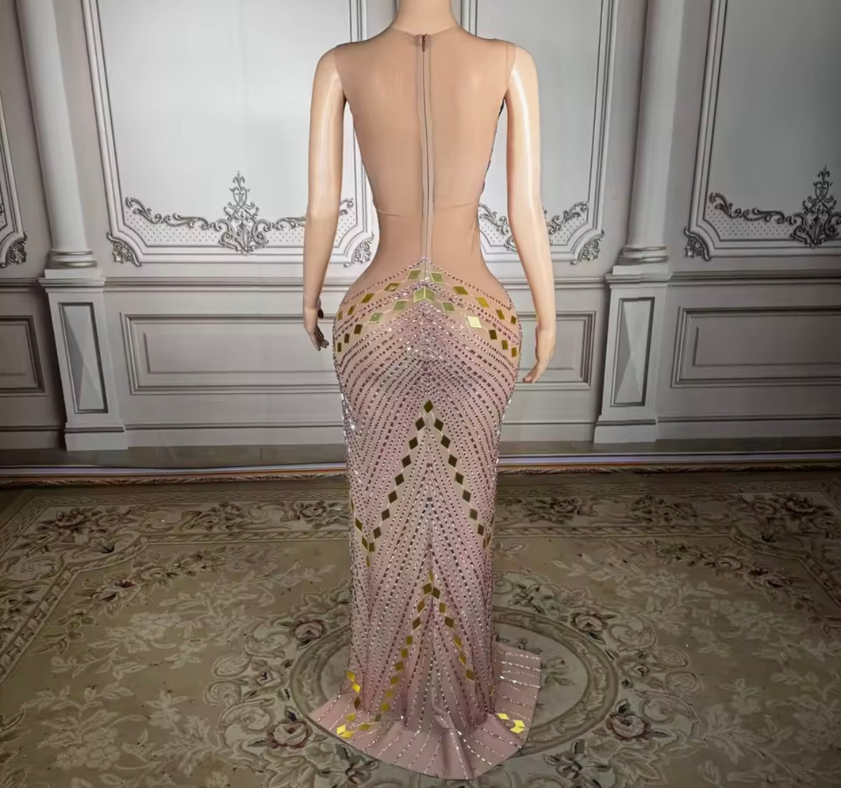 Sexy Sleeveless Rhinestone Mirror Side Split Maxi Dress