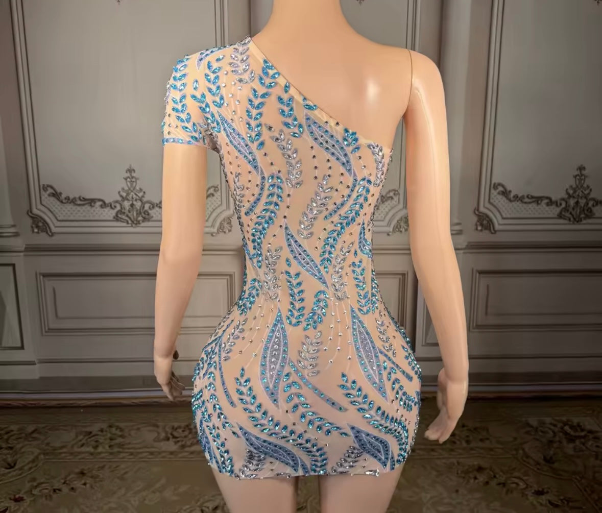 Sexy One Shoulder Rhinestone Embellishment See Through Dress