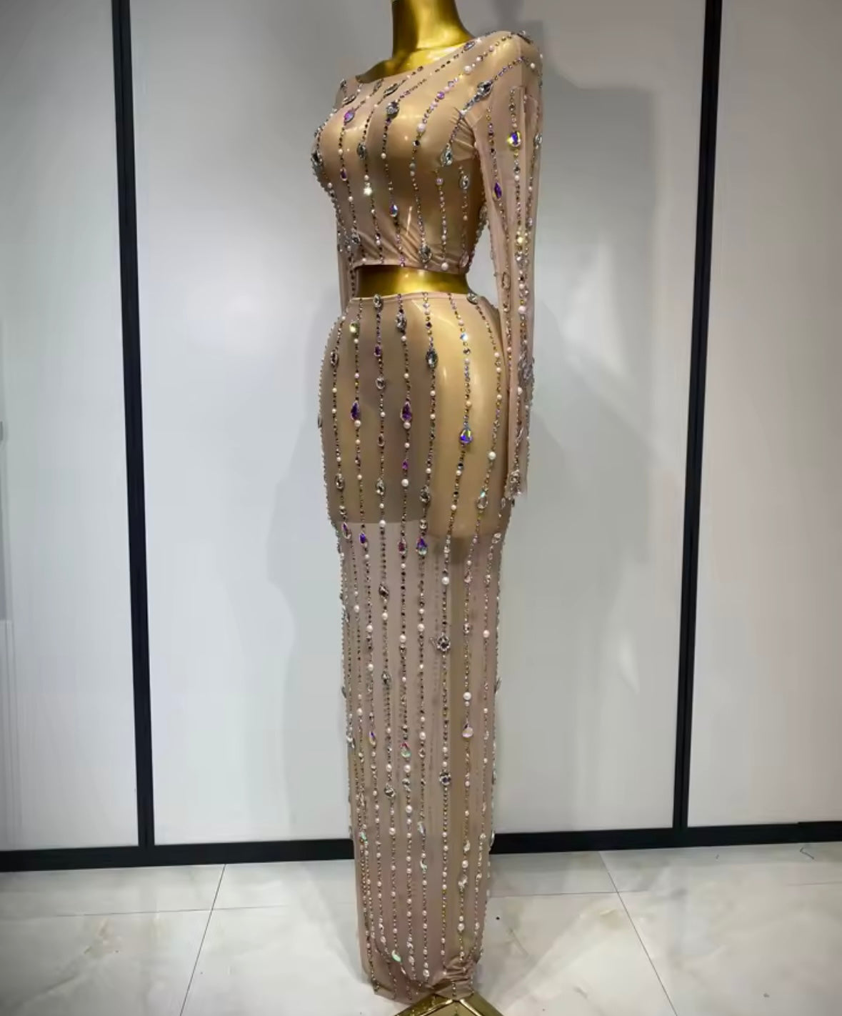 Sexy Beaded Color Crystal Full Sleeve Mesh Two Piece Maxi Skirt Set