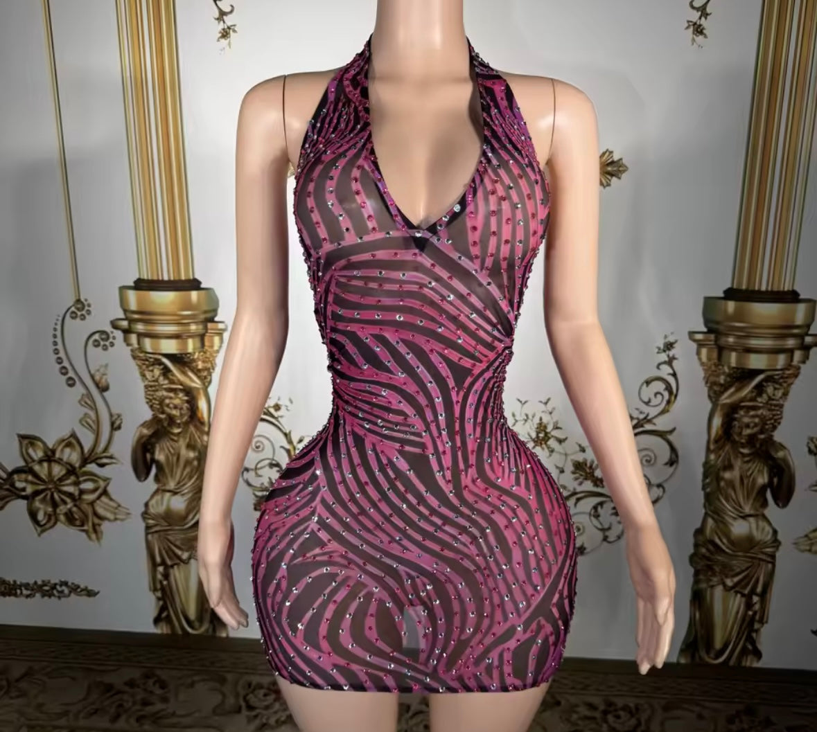 Sexy Striped Halter Sleeveless Rhinestone Dress
