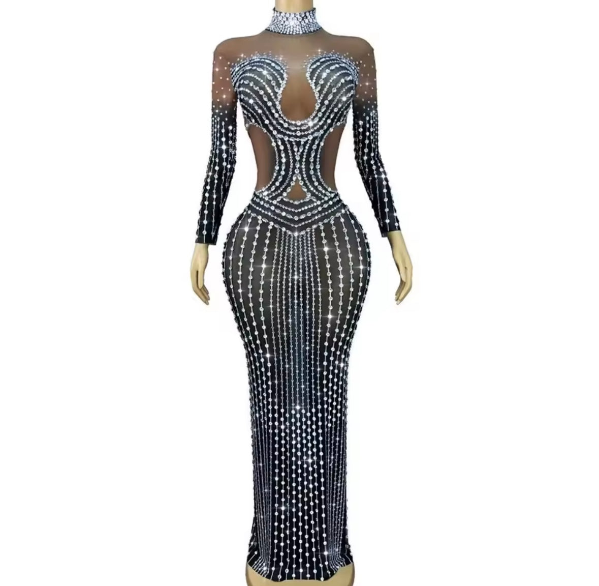 Sexy Rhinestone Full Sleeve Floor-Length Dress