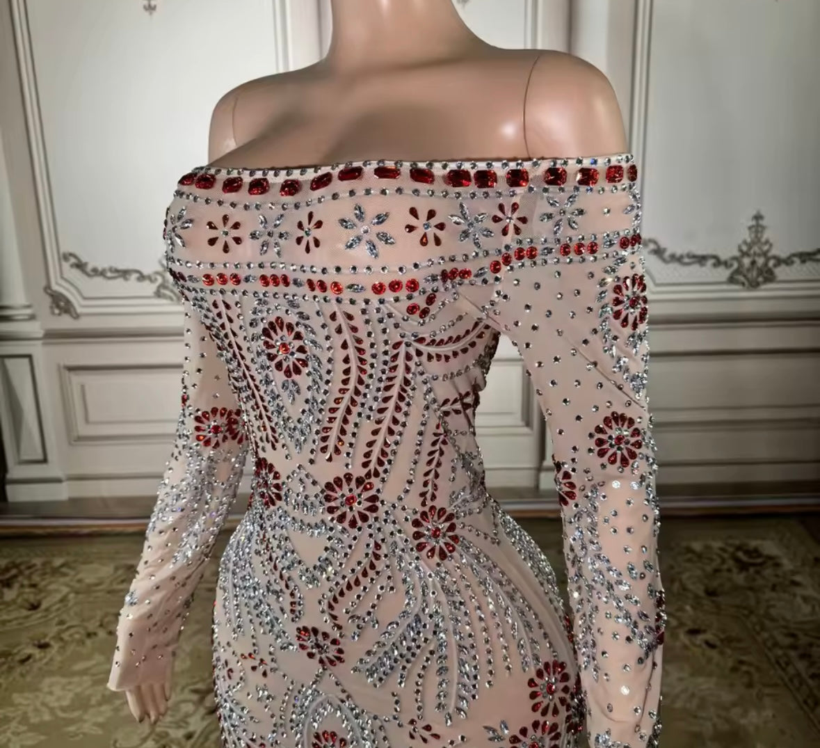Sexy Rhinestone Embellishment Off The Shoulder Full Sleeve Dress