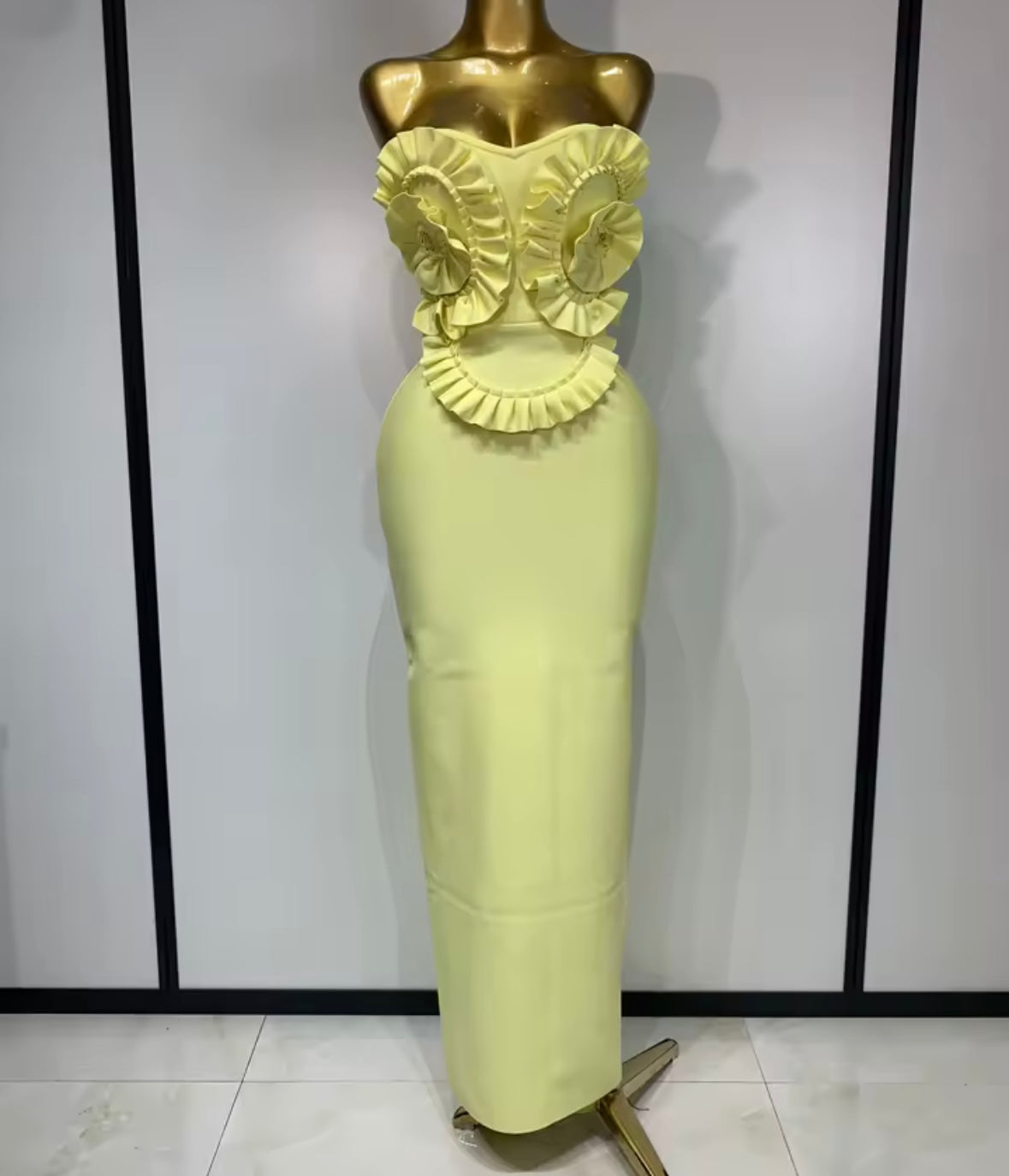 Yellow Ruffle Floral Strapless Sexy Maxi Dress