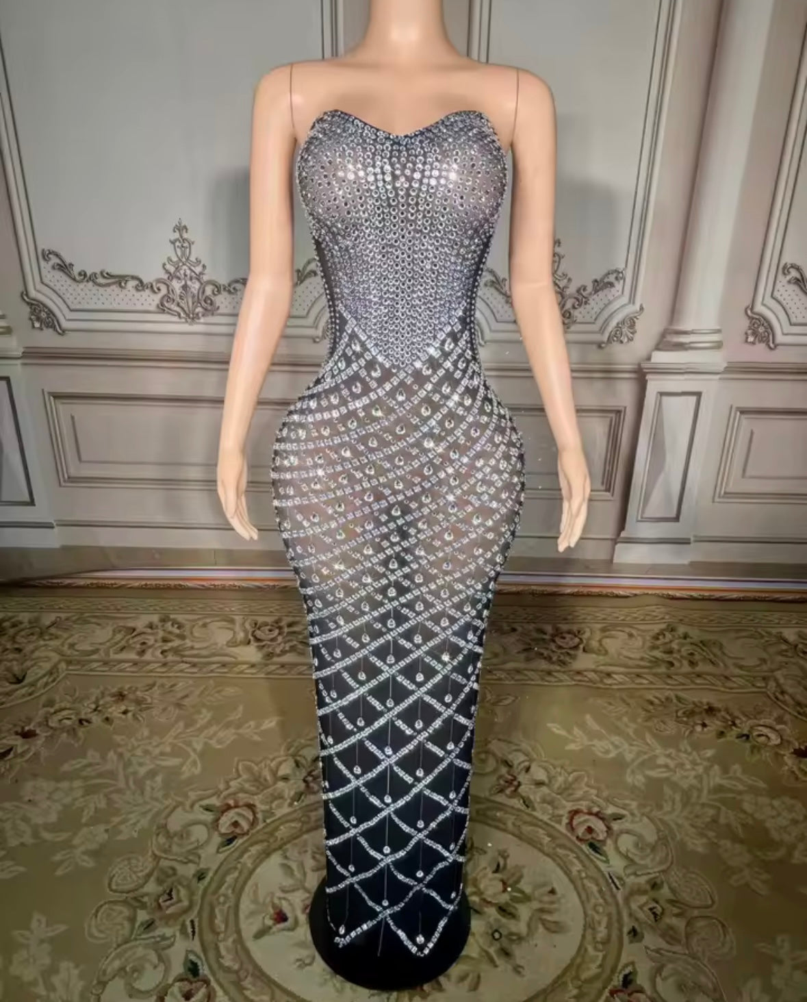 Rhinestone Embellishment Sexy Strapless See Through Maxi Dress