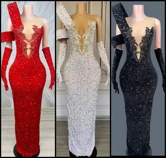 Elegant Sparkly Rhinestone Glove Maxi Dress