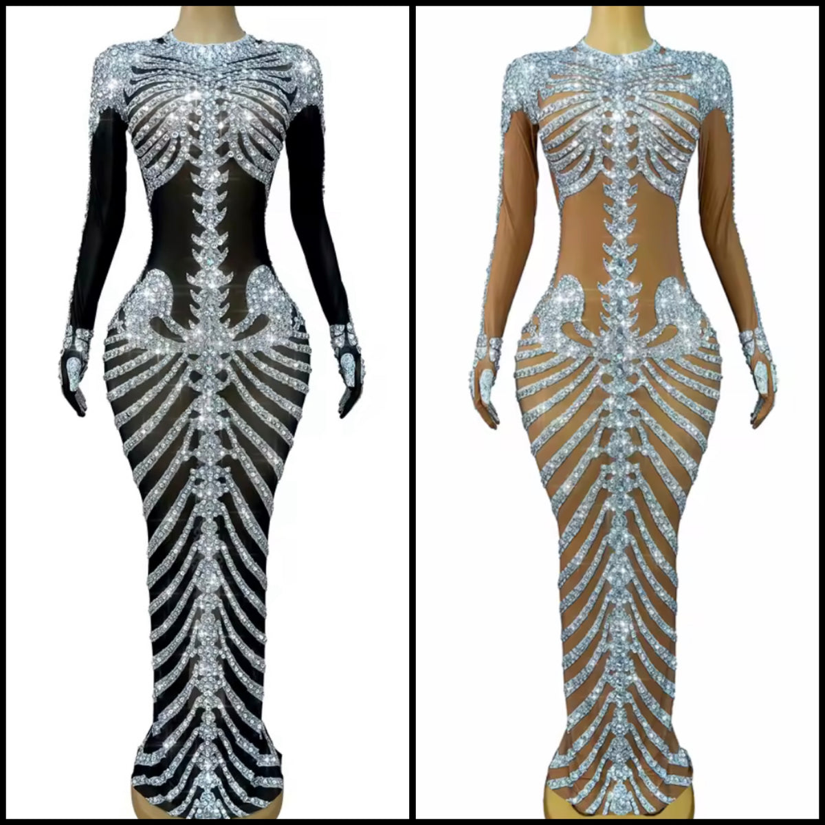 Sexy Rhinestone Embellishment Glove Full Sleeve Maxi Dress