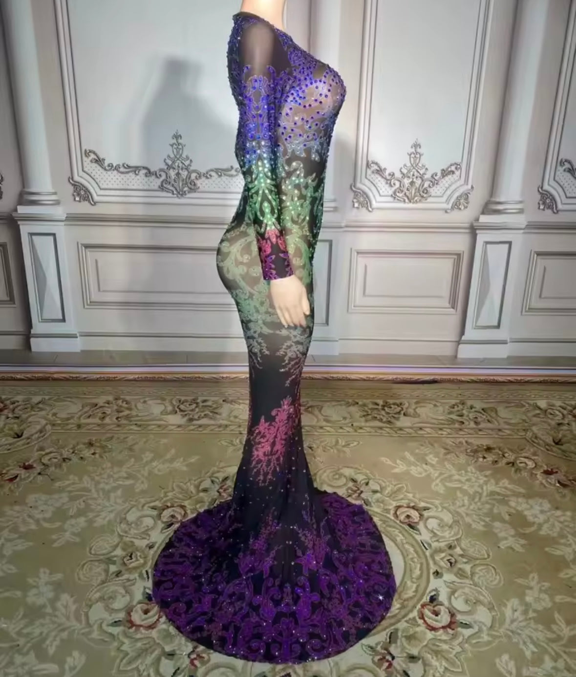 Sexy Colorful Rhinestone Full Sleeve See Through Mermaid Dress