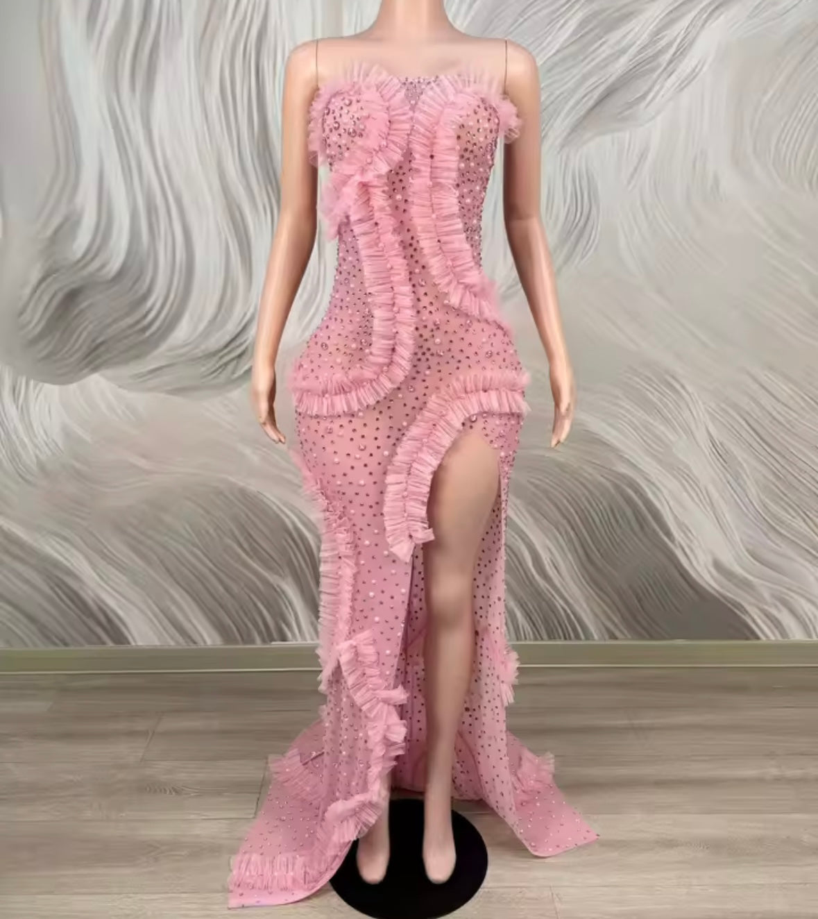 Sexy Strapless Ruffle Rhinestone See Through Side Split Maxi Dress