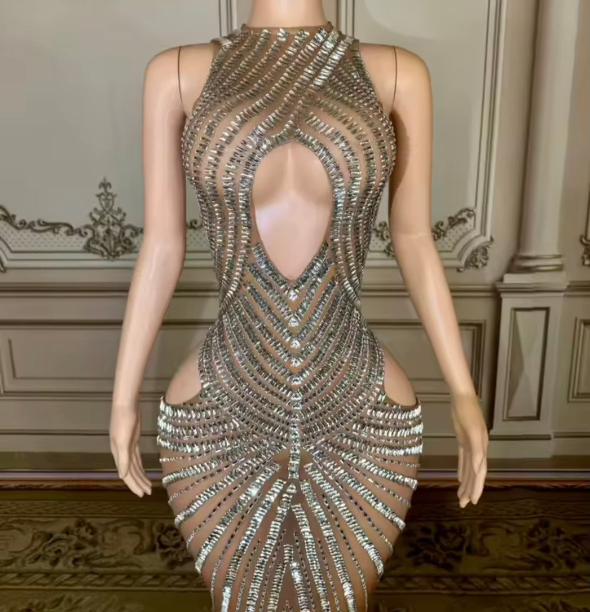 Sexy Halter Sleeveless Hollow Out See Through Rhinestone Maxi Dress