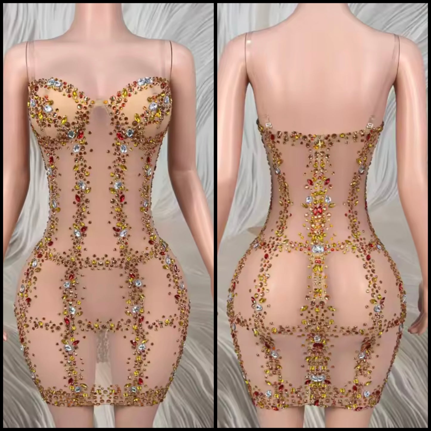 Sexy Sleeveless See Through Color Rhinestone Dress