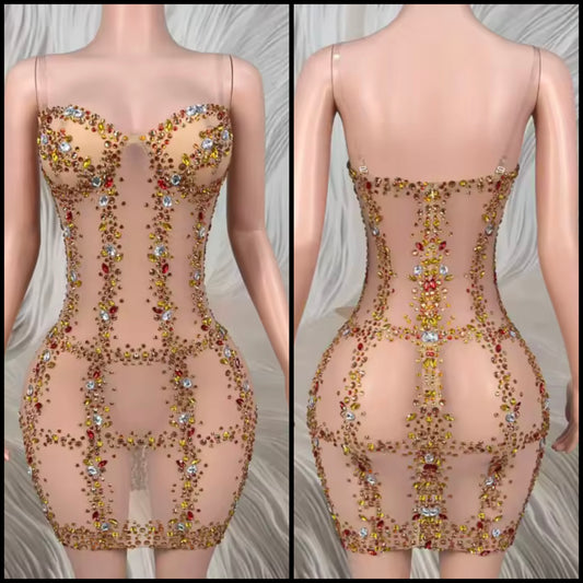 Sexy Sleeveless See Through Color Rhinestone Dress